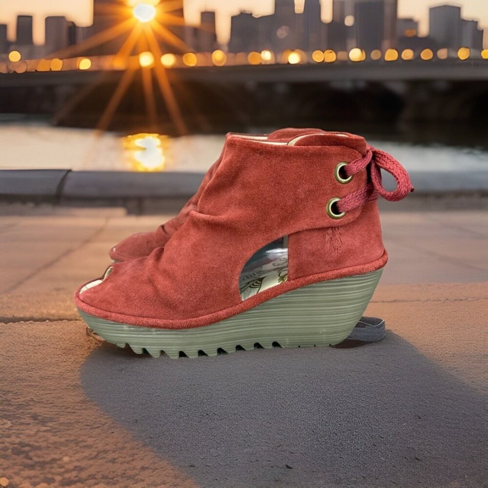 ✅ Womens 6.5 Fly London Wedge Sandal Yama Peep Toe Ankle Tie Around Summer Shoes